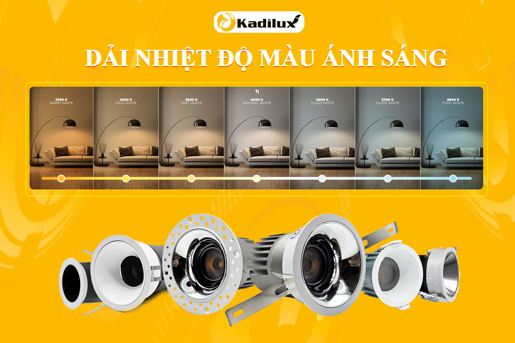 Ánh sáng trắng ấm (2700-3000K) cho phòng khách và phòng ngủ.