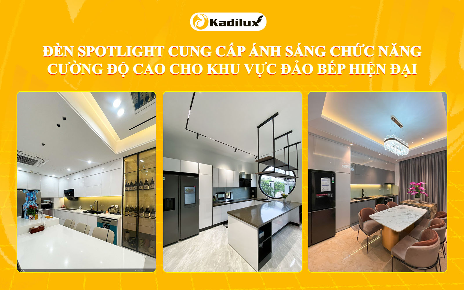 Đèn spotlight cung cấp ánh sáng chức năng cường độ cao cho khu vực đảo bếp hiện đại