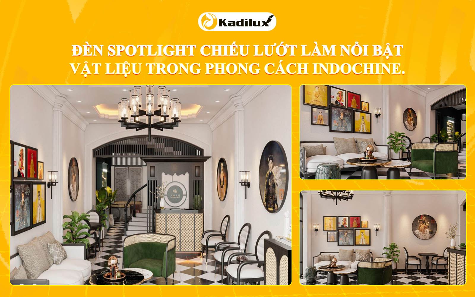  Đèn spotlight chiếu lướt làm nổi bật vật liệu trong phong cách Indochine.