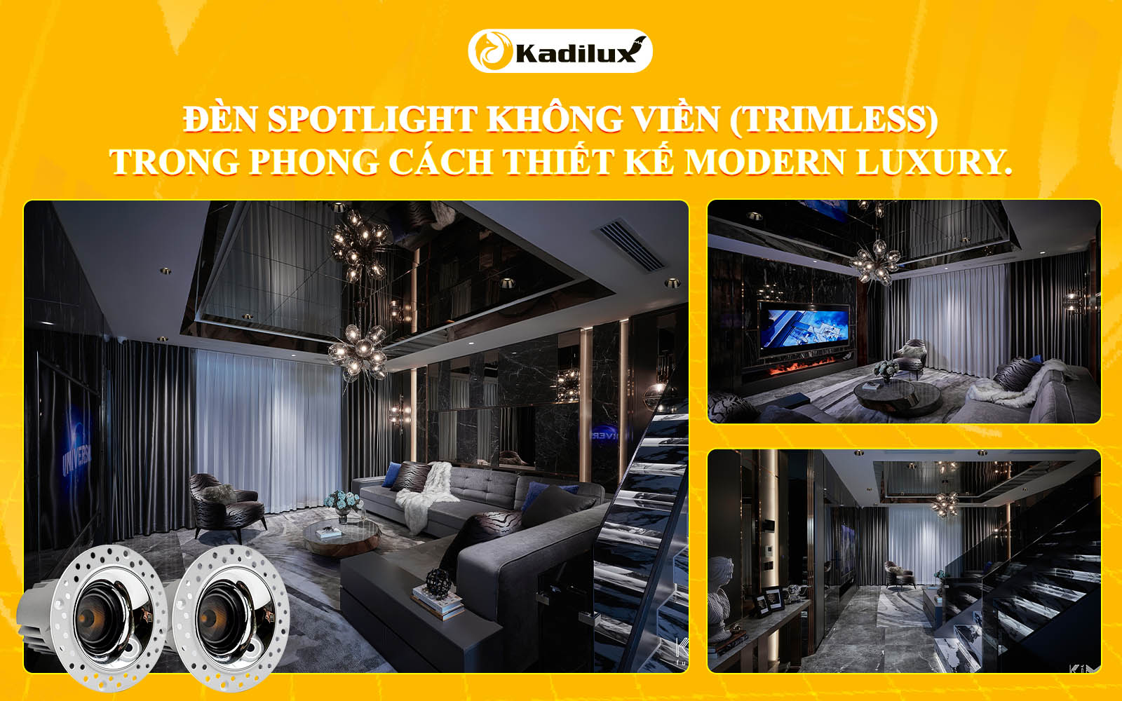Đèn spotlight không viền (trimless) trong phong cách thiết kế Modern Luxury.