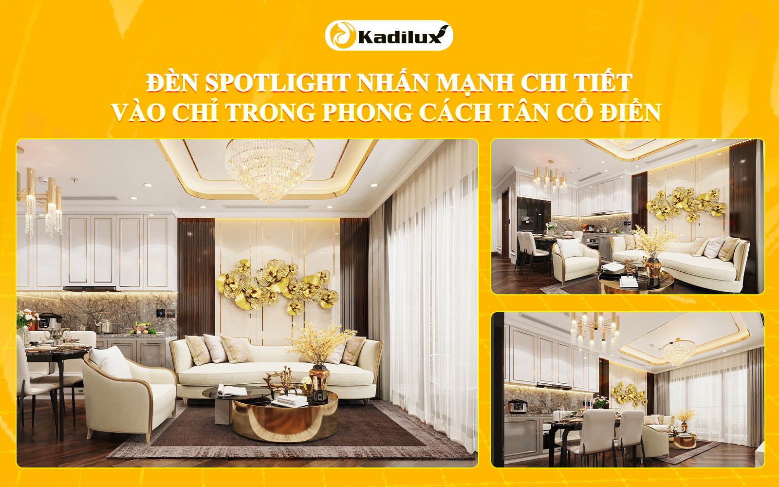 Đèn spotlight nhấn mạnh chi tiết vào chỉ trong phong cách Tân cổ điển