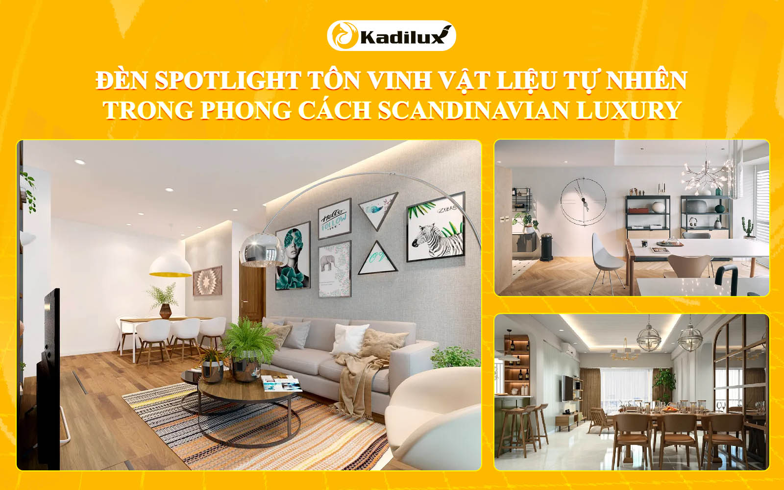 Đèn spotlight tôn vinh vật liệu tự nhiên trong phong cách Scandinavian Luxury