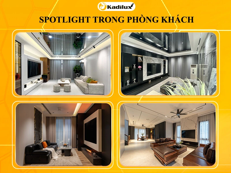 Đèn spotlight tạo điểm nhấn trong phòng khách hiện đại, làm nổi bật tác phẩm nghệ thuật