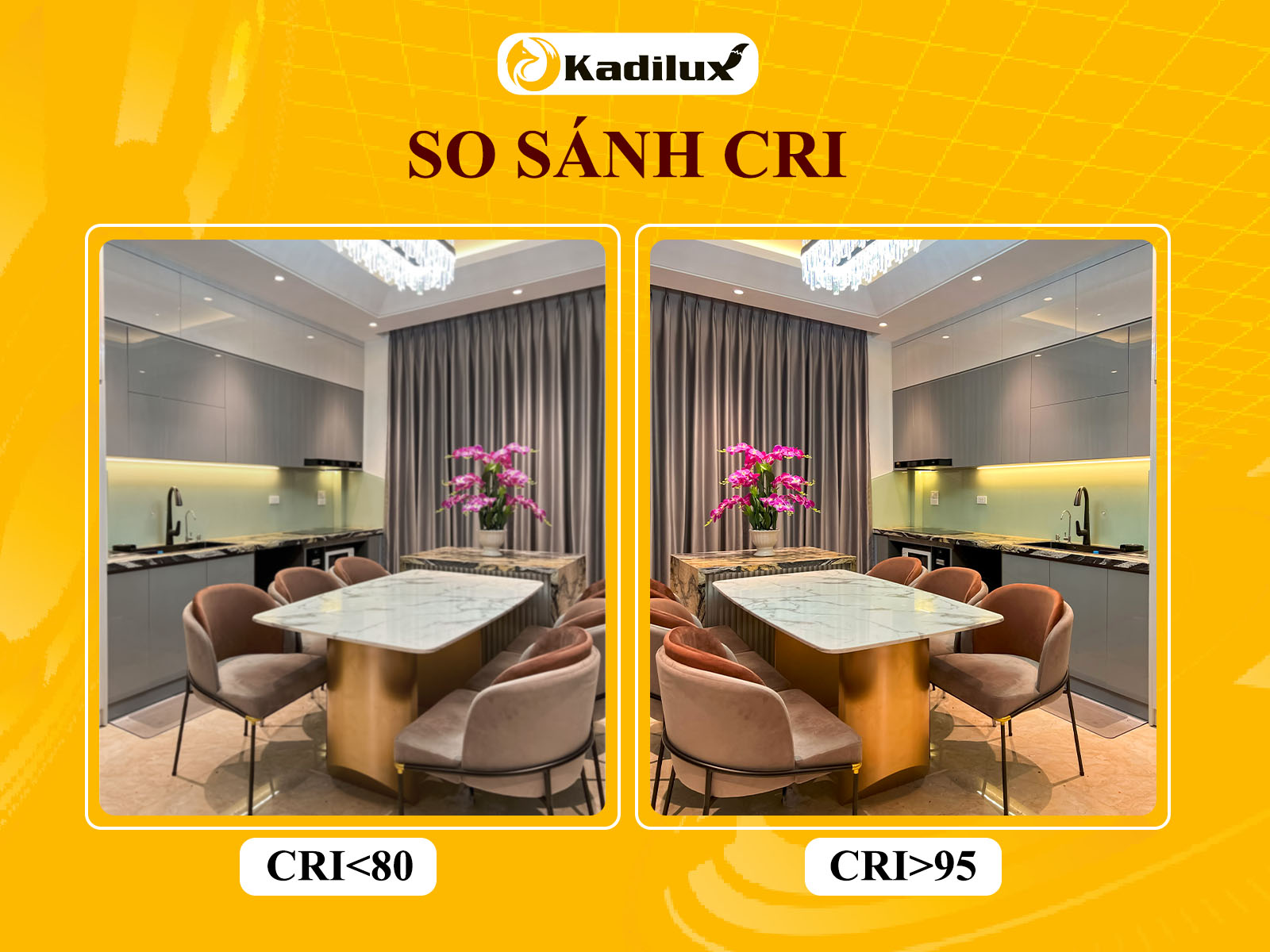 So sánh trực quan chất lượng ánh sáng giữa đèn spotlight CRI 80 và CRI 95