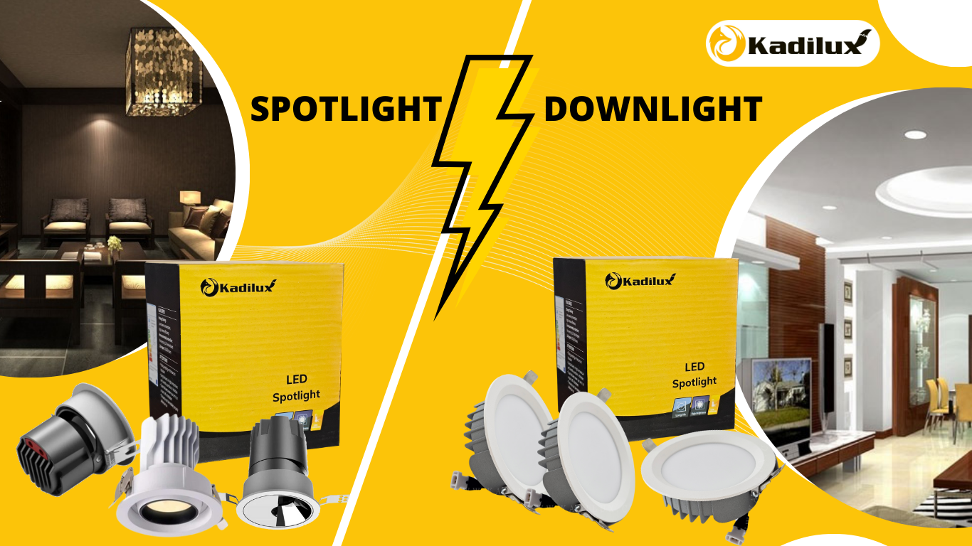 Bảng so sánh trực quan giữa đèn spotlight góc chiếu 24° và downlight góc chiếu 90° của Kadilux trong không gian phòng khách hiện đại