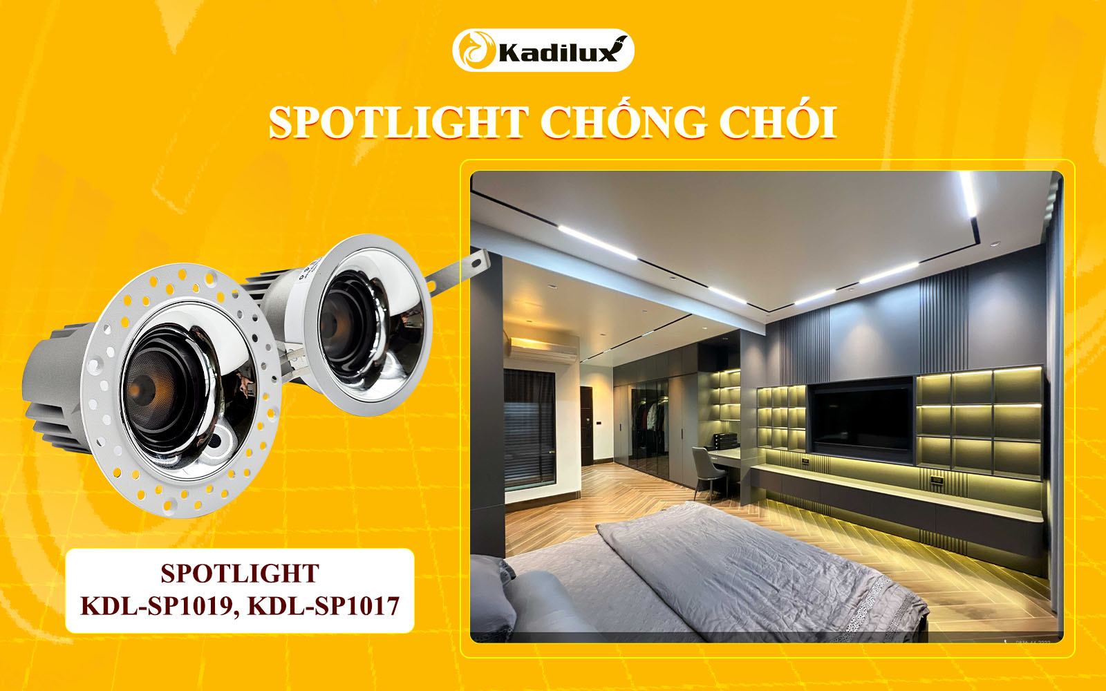 Đèn spotlight chống chói trong phòng ngủ tạo sự thoải mái thị giác.