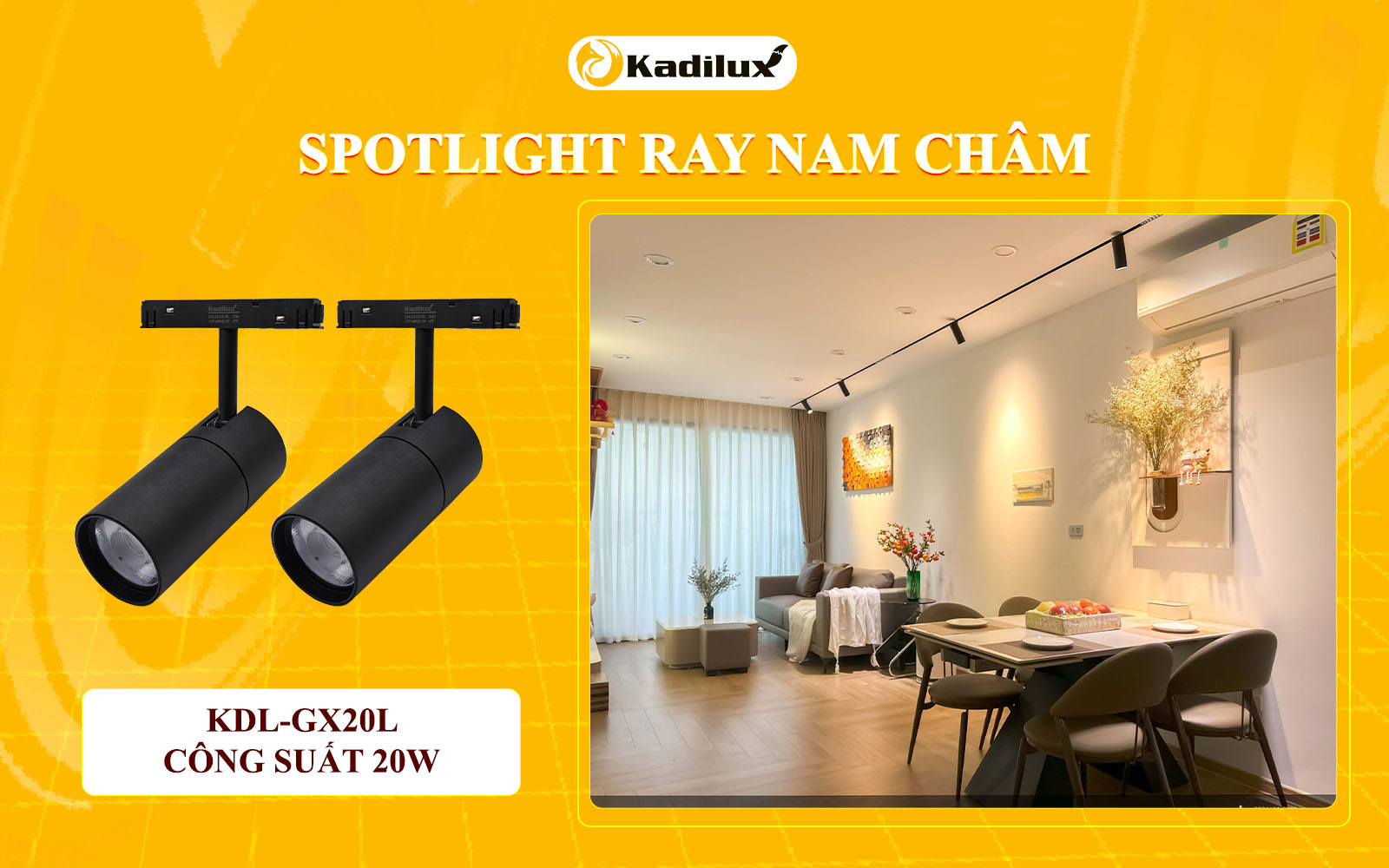 Đèn spotlight ray nam châm trong không gian đa năng, dễ dàng thay đổi vị trí.