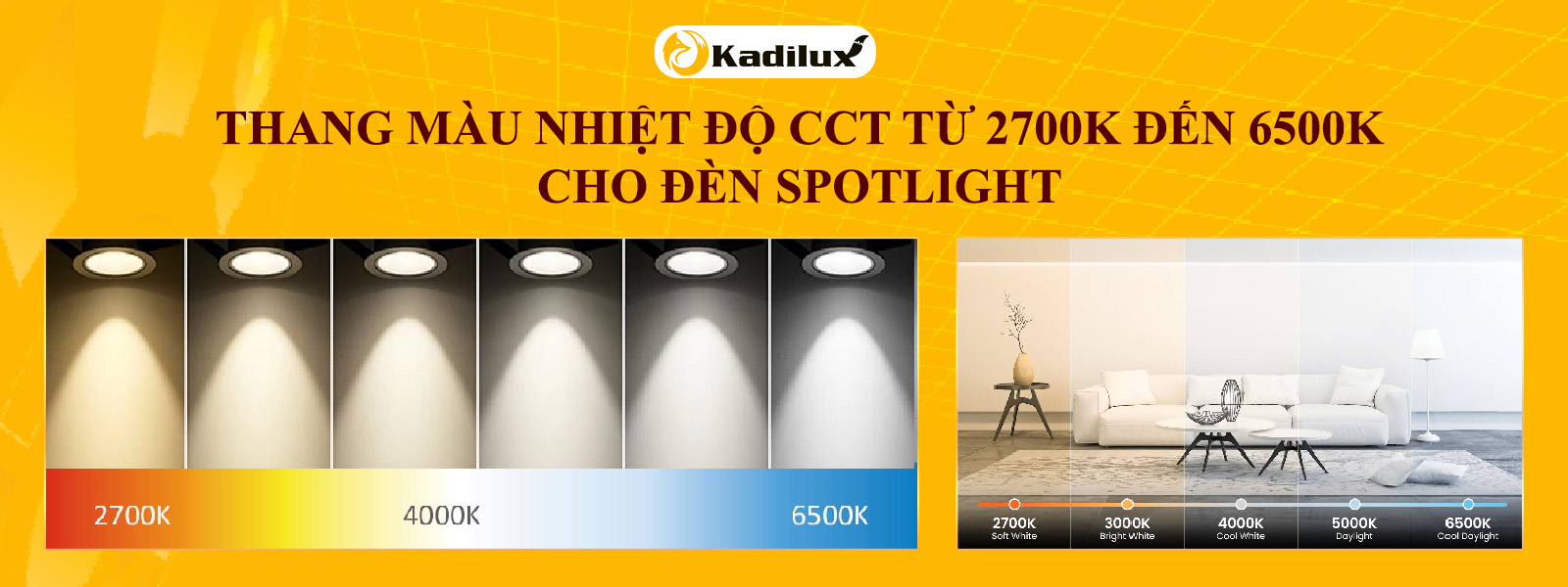 Thang màu nhiệt độ CCT từ 2700K đến 6500K cho đèn spotlight